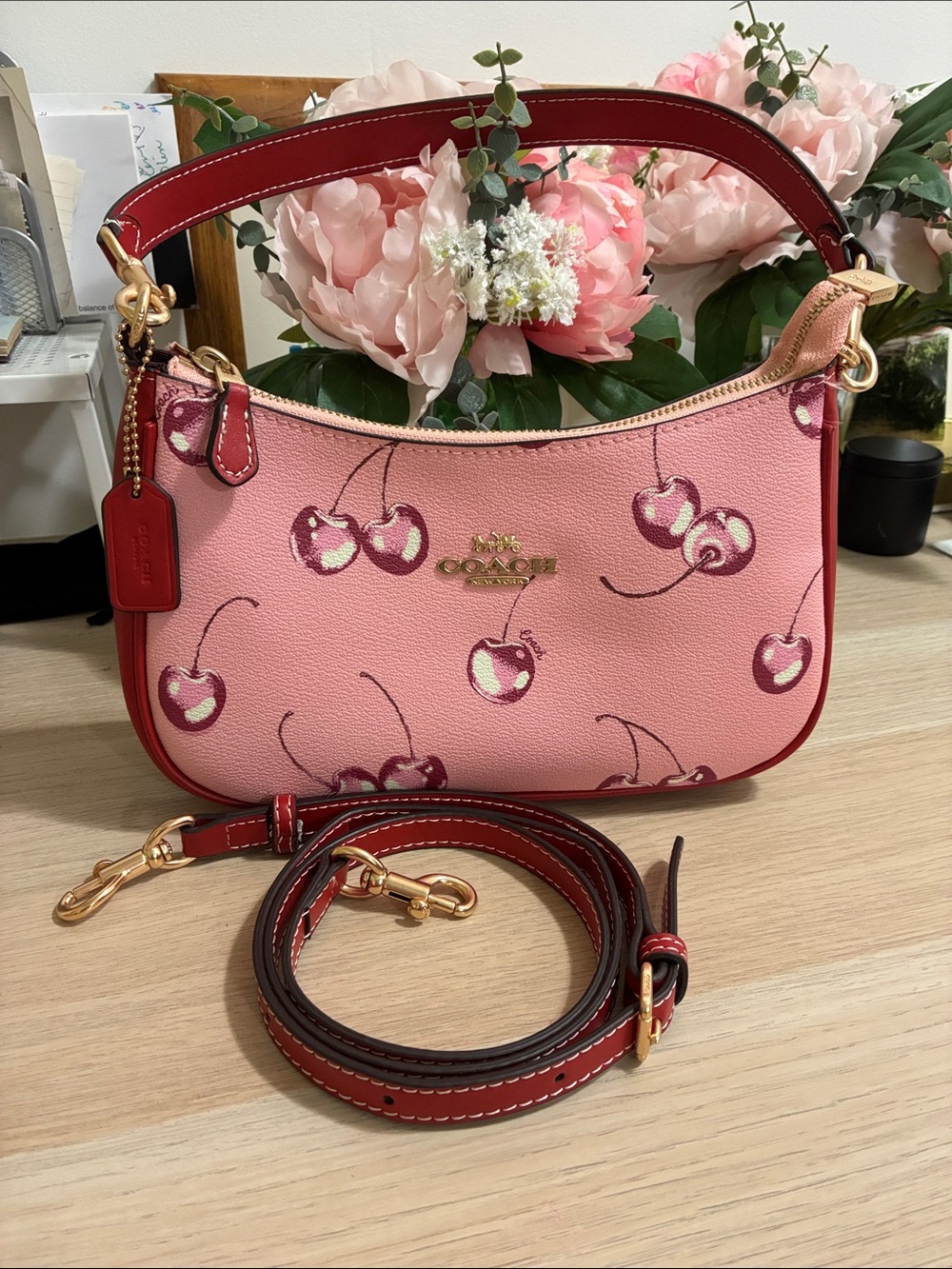 Coach Pink Cherry-Print Leather Shoulder Bag with Red Trim